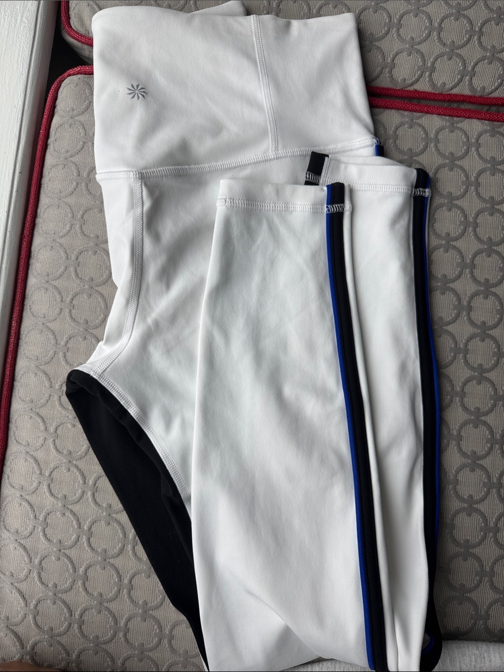 Athleta White Leggings with Black and Blue Trim